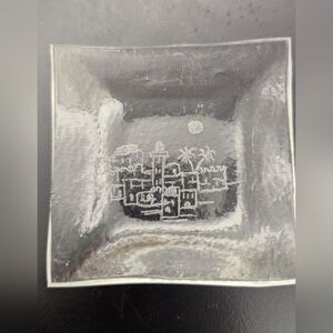 Jerusalem Skyline Glass Trinket Dish Art Piece Hand Engraved 4"X4"